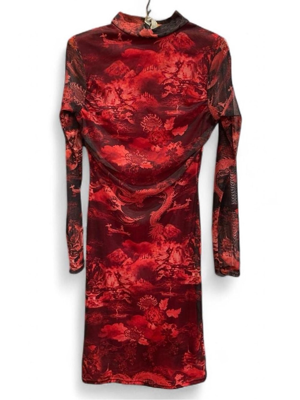 PrettyLittleThing Red Mesh Long Sleeve Mini Dress w Dragon Print